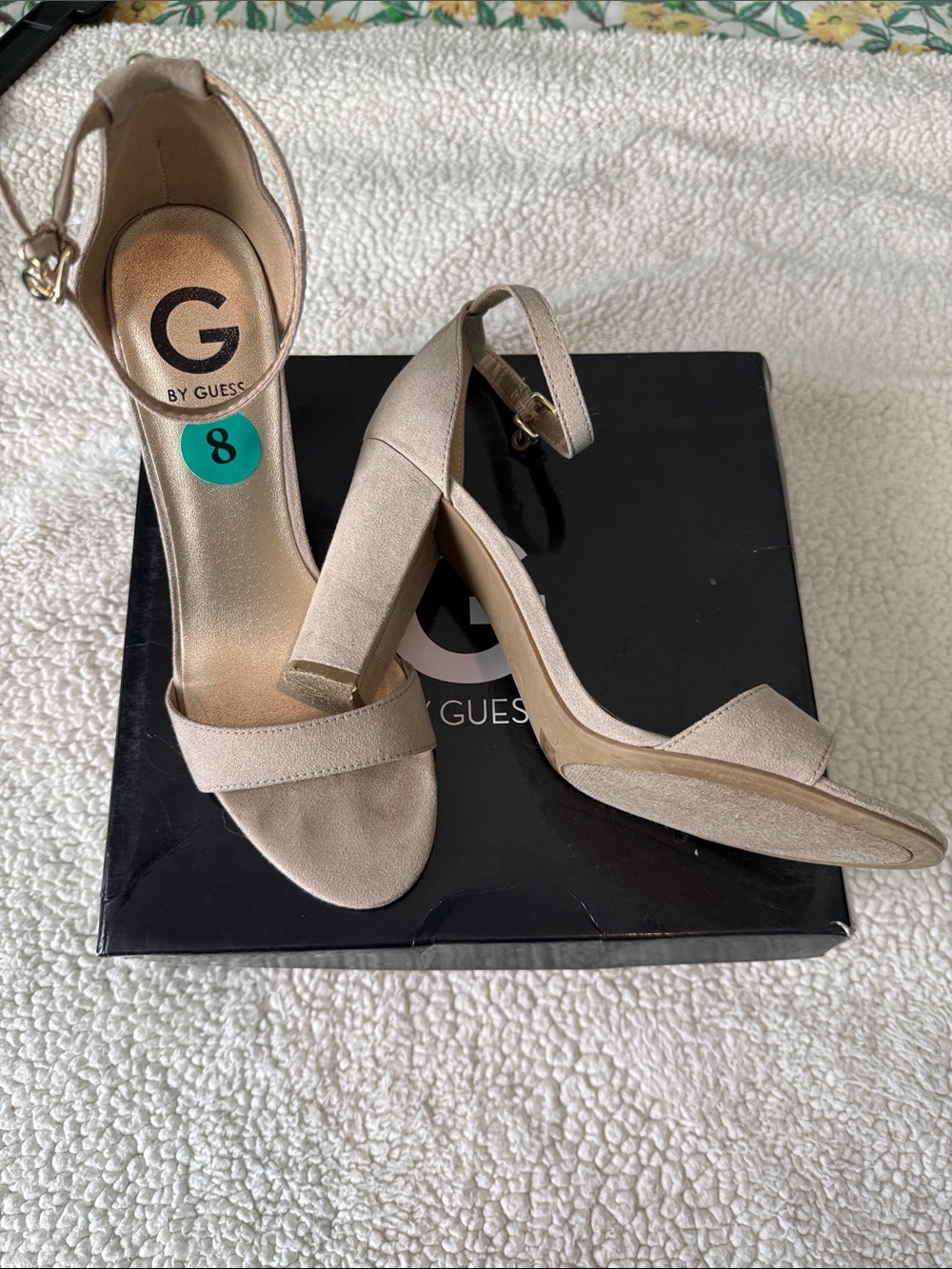 G by Guess Beige Taupe Ankle-Strap Block Heel Sandals
